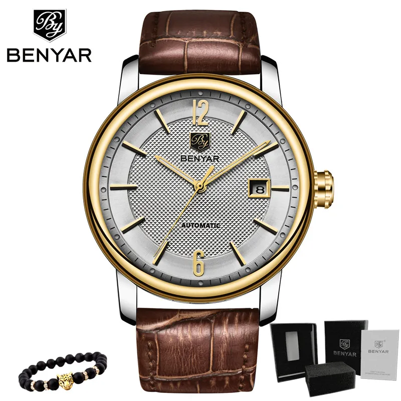 Imagem -02 - Relógio Masculino Benyar Relógios Masculinos de Moda Casual Automático Mecânico Topo Marca Luxo Relógio Esportivo Couro Ouro Relógio de Pulso