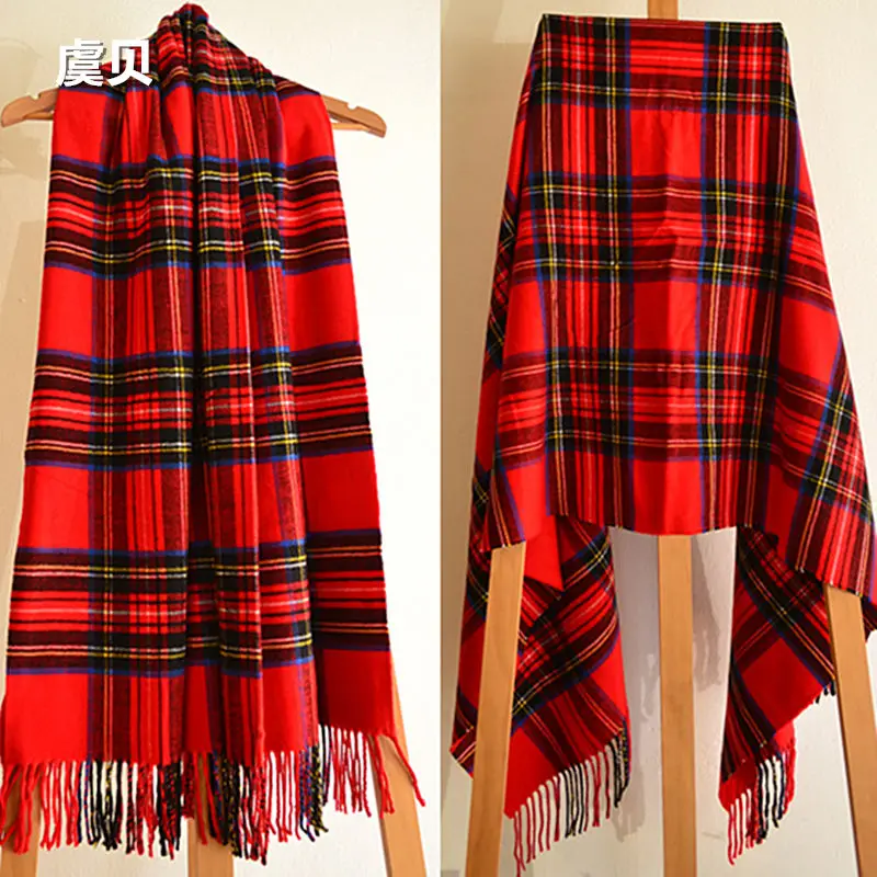 Faux cashmere shawl winter red plaid blanket tassel scarf cape warm pashmina unisex acrylic scarves men or women christmas gifts