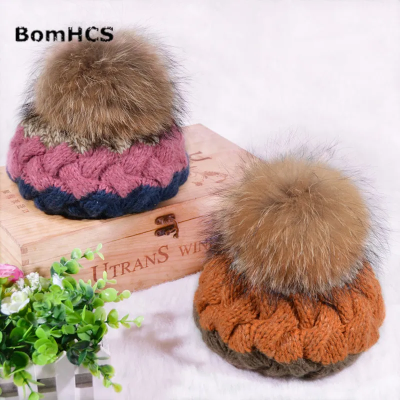 

BomHCS Raccoon Fur Ball Women Winter Autumn Warm Contrast Color Dome Cap Thickened Handmade Knitted Hat Beret Beanie