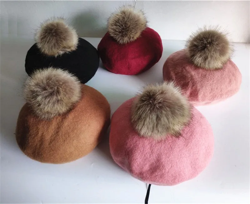 Fashion Winter Children Wool Soft Beret Caps Autumn Women\'s Casual Polyester Fur Pom pom Beret Caps Hats Gorras