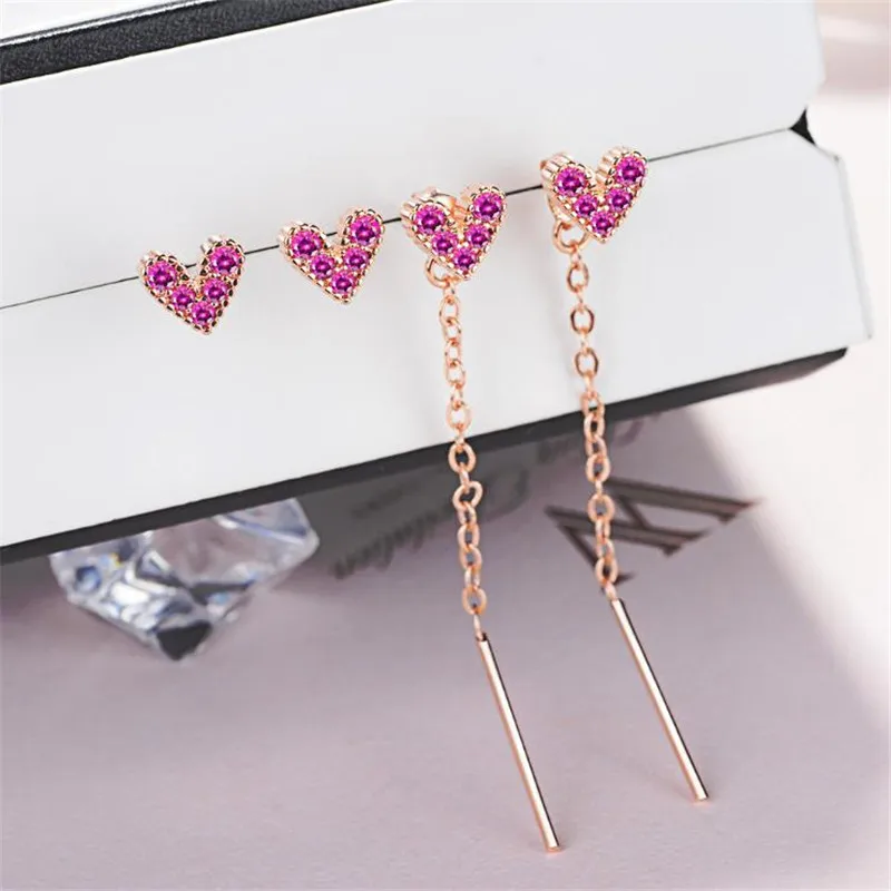 KOFSAC New Top Quality Love Herat Ear Line Rose Gold Stud Earrings For Women Genuine Austrian Purple Crystal Jewelry Wholesale