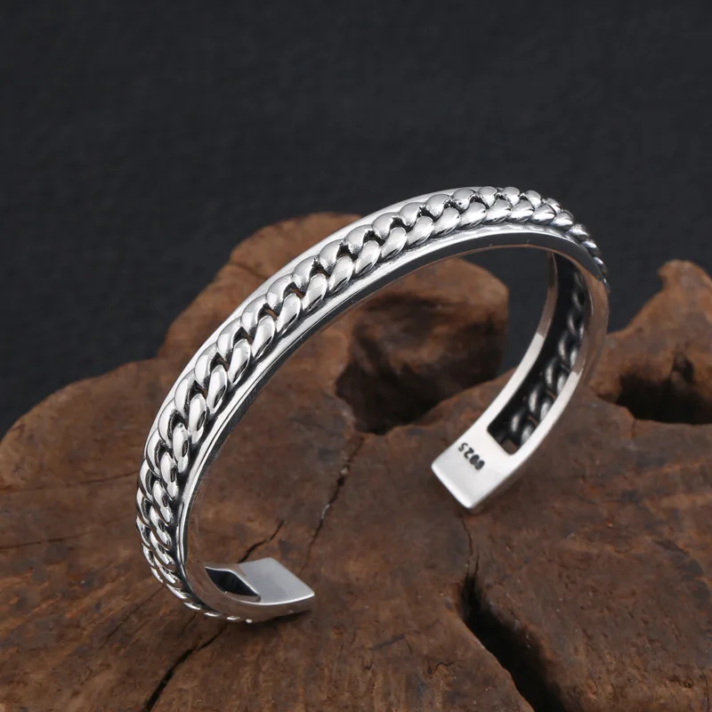 

Wholesale S925 Sterling Silver Jewelry Fashion Men And Women Retro Thai Silver Simple Woven Open Ended Bangle