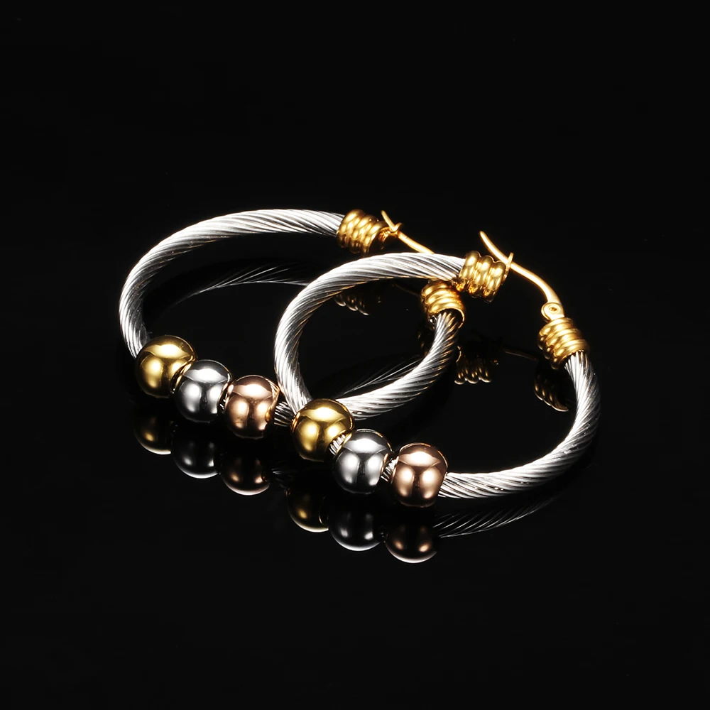 Fashion Korean Gold Color Big Hoop Earrings With Three Beads Round Circle Stainless Steel Earrings For Women Trendy Hiphop Rock