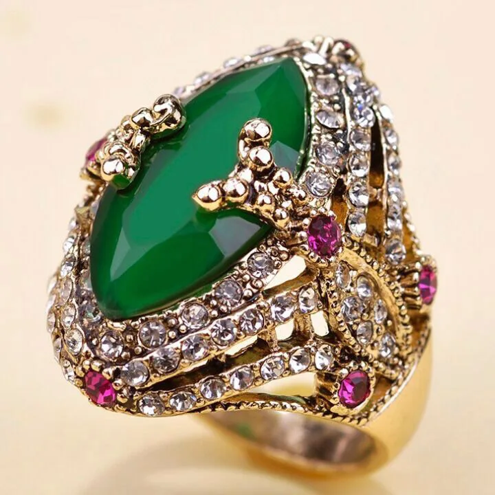 Zlxgirl Green Emerald Anel Ouro Colar Femininos Vintage Rings Turkish Accessories Fine Women Wedding Rings Joias Aneis