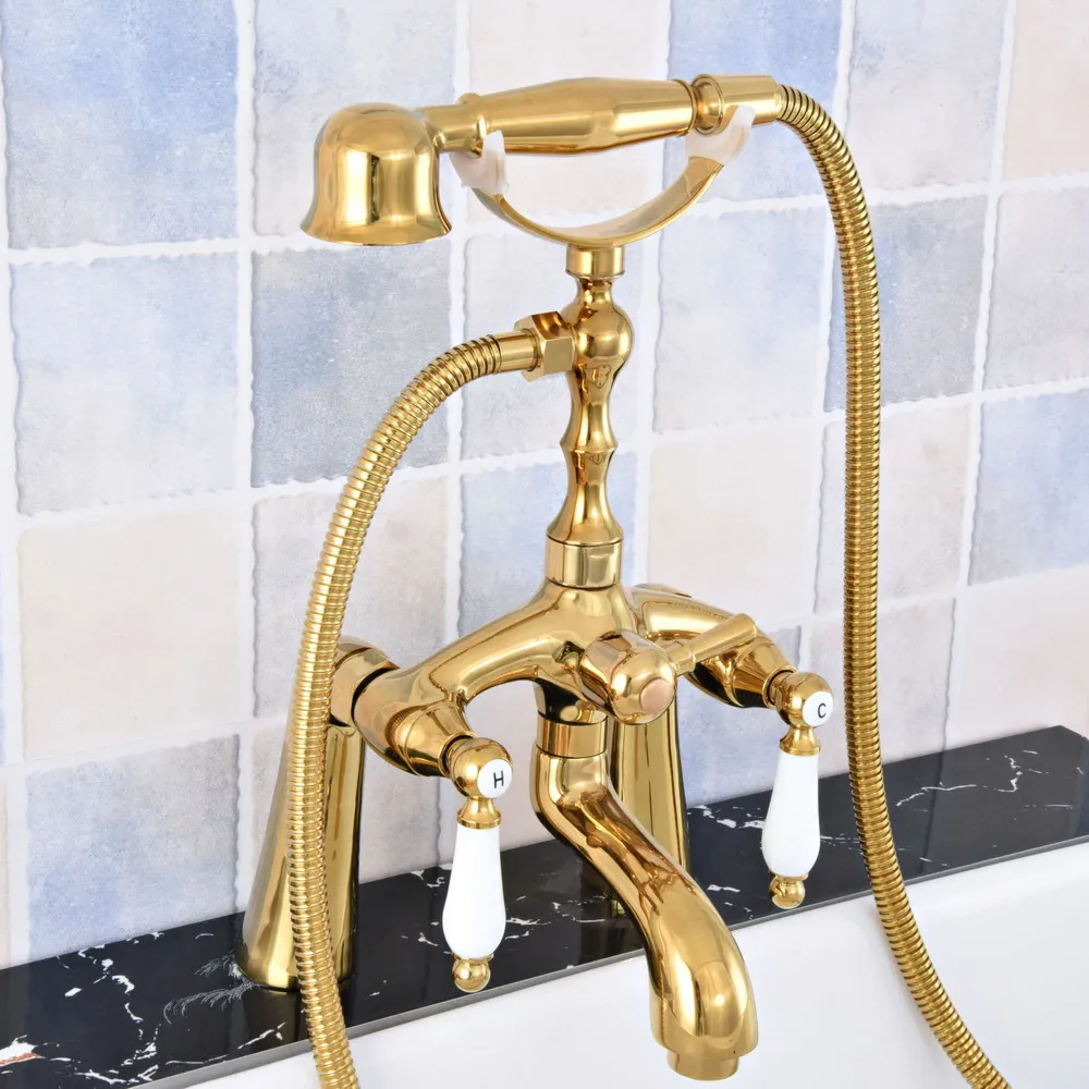 Luxury Gold Color Brass Deck Mounted Bathroom Tub Faucet Dual Handles Telephone Style Hand Shower Clawfoot Tub Filler atf790