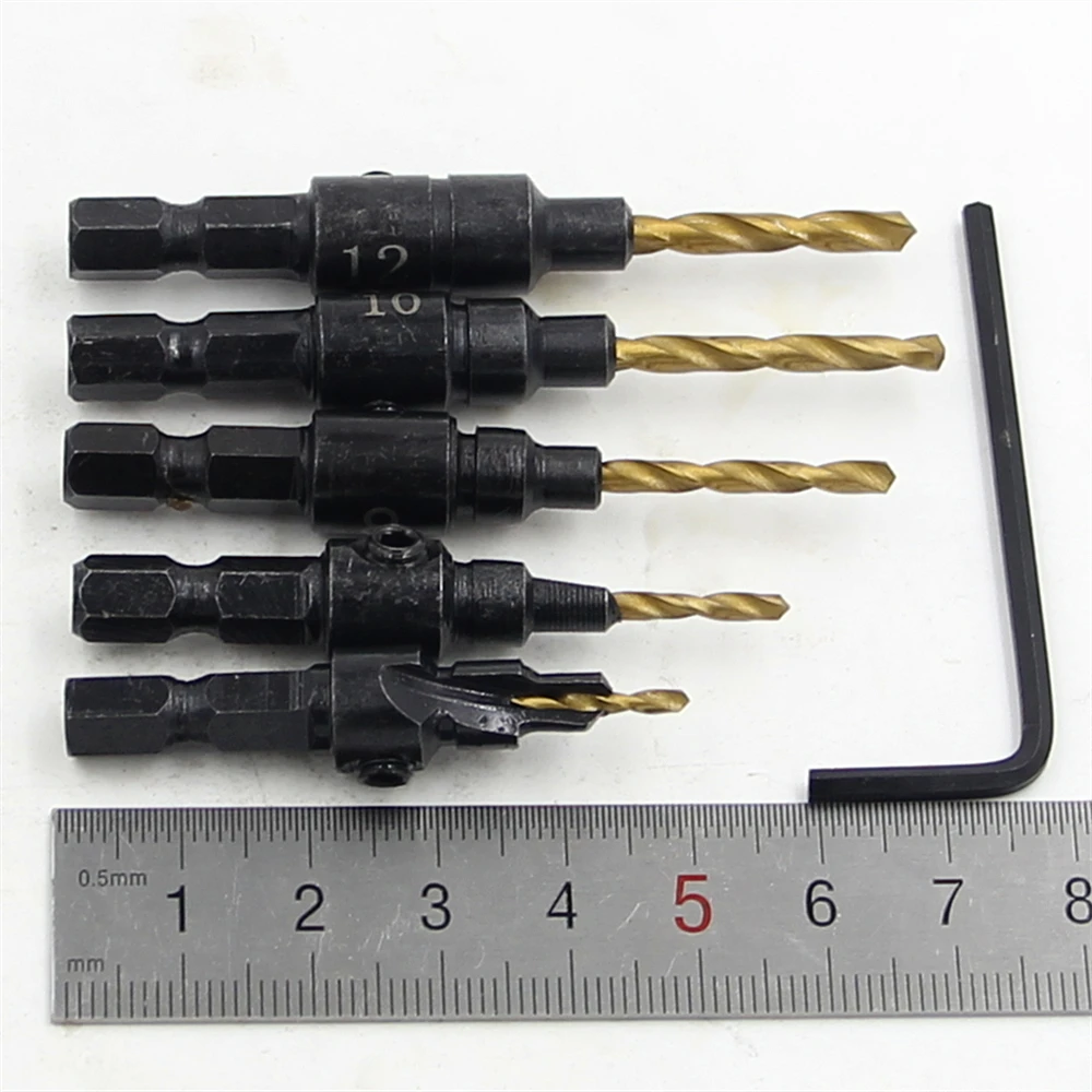 5Pcs HSS 1/4 Chuôi Lục Giác Countersunk Khoan Titan Tapper Dụng Cụ Chế Biến Gỗ Phi Công Kích Thước Lỗ #5 Số 6 8 Trong Số 10 #12 Với 1 Cờ Lê