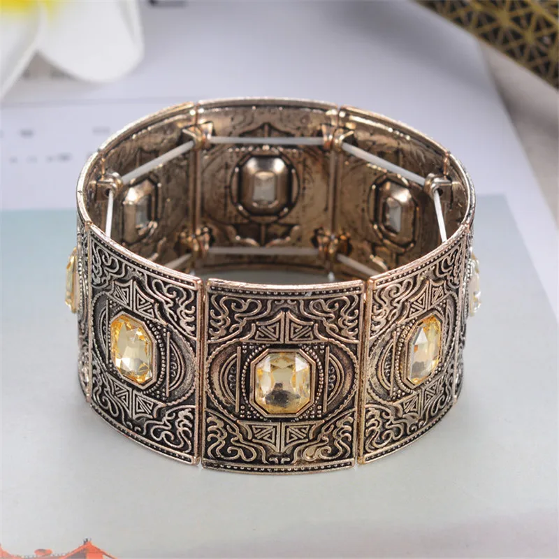 Wholesale Vintage Bracelet For Women Men Adjustable Jewelry Gold Color Alloy Crystal Bracelets Homme Ethnic Wide Bangles