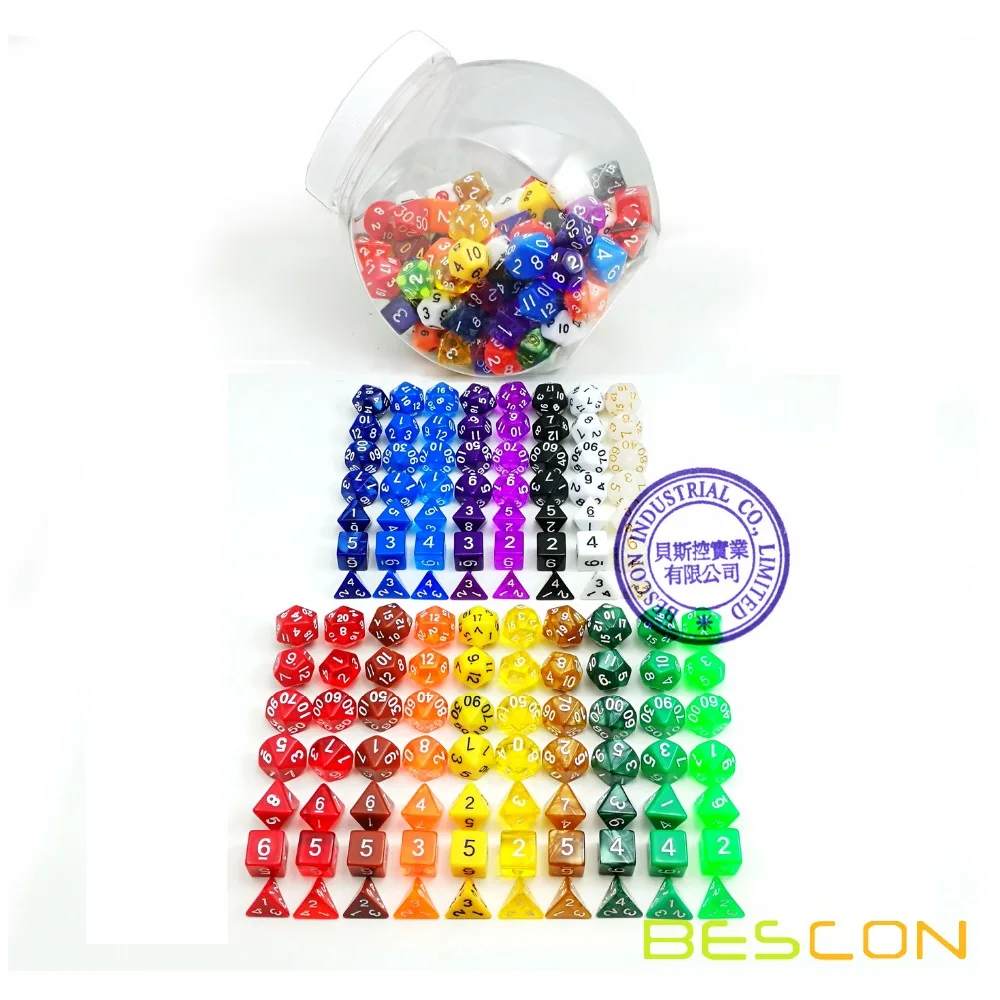 Bescon Assorted Colored RPG Dice Pack of 126 Polyhedral Dice 18 Complete Sets of 7 Dice 18 Different Colors - Clear Dice Jar Set