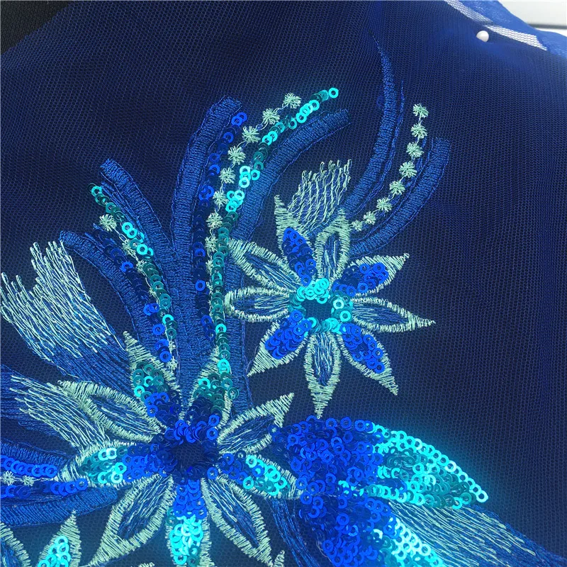 1PCS Embroidered Lace Blue Sequins Rice Ears Flower Floral Leaves Patches Sew Appliques For Clothes Dress Decor DIY Material