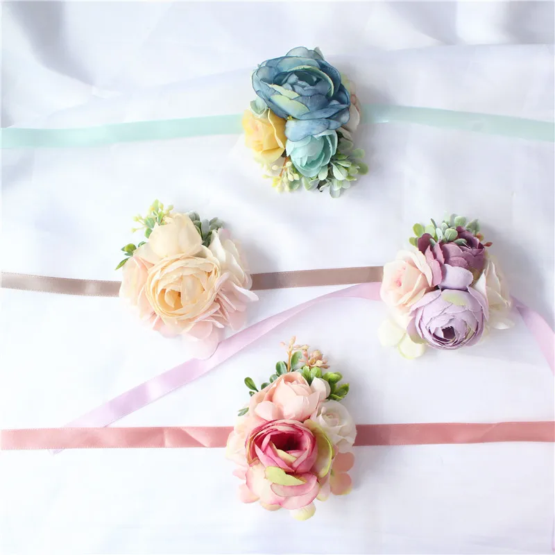 YO CHO Bridesmaid Decor Mini Rose Flowers Head Wrist Flowers and Boutonnieres Set Bride Decorations Wedding Bouquet Peony Brooch