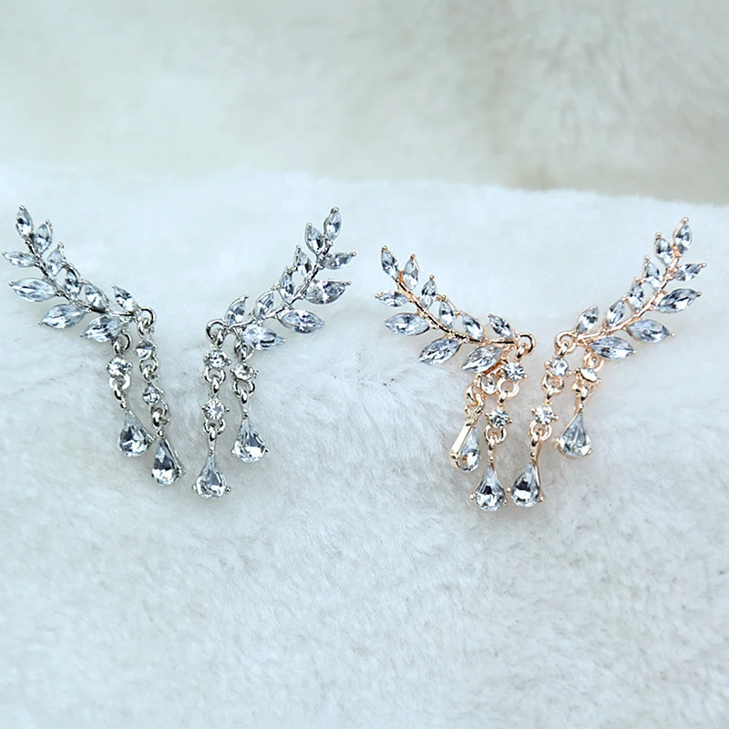 Women\'s Angel Wings Earrings Rhinestones Party Earrings Leaves Tassel Earrings Alloy Crystal Feather Fashion