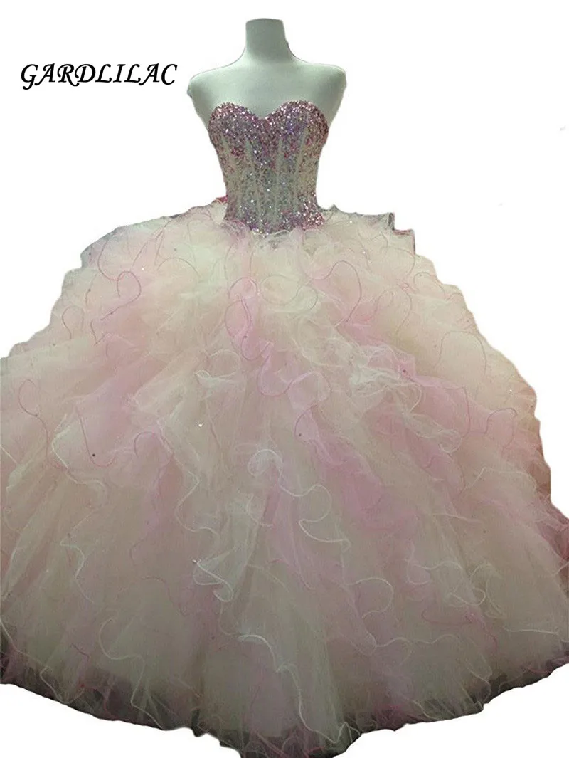 Mới Bầu Quinceanera Áo Người Yêu Hạt Pha Lê Xù Đàn Organ Dài Dạ Hội Áo Đầm Vestido De Quinceanos