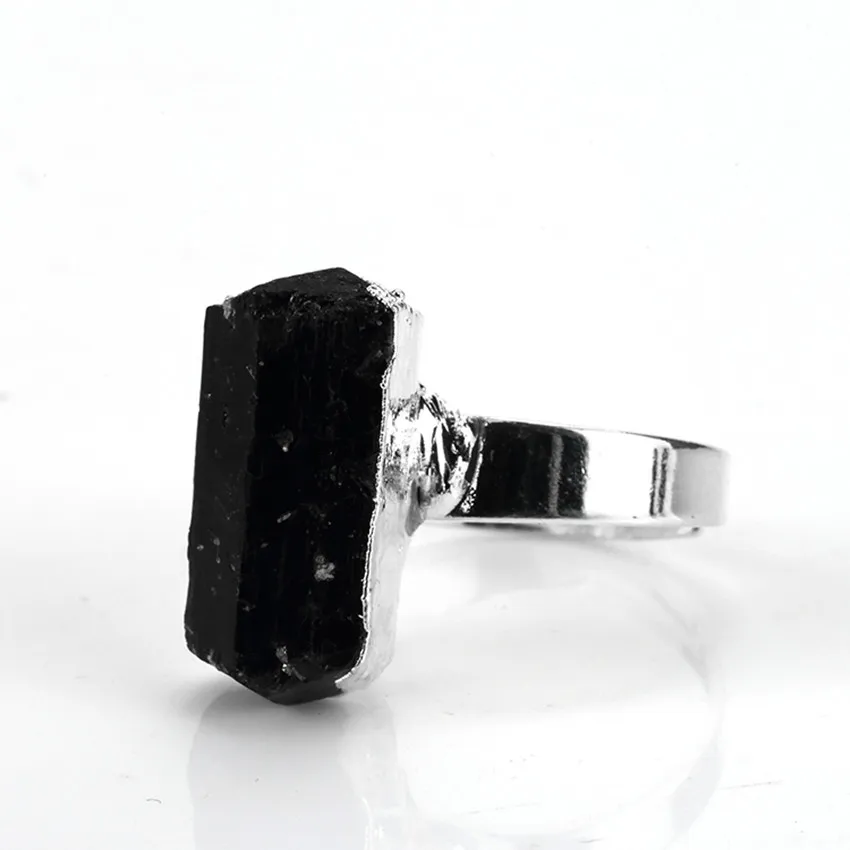 Trendy-beads Silver Plated Resizable Irregular Shape Black Tourmaline Men Ring For Father\'s Day Gift Jewelry