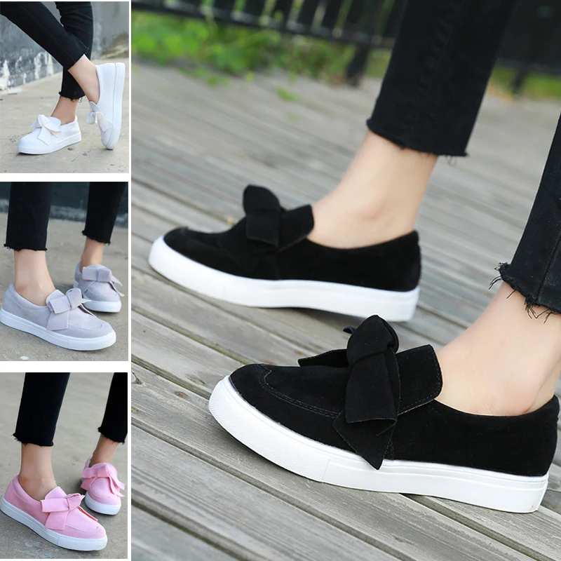 Fashion Women Flats Shoes Women\'s Skateboard Shoes Ladies Round Toe Bow Slip on Platform Sneakers Cute Shoes Plus Size Black