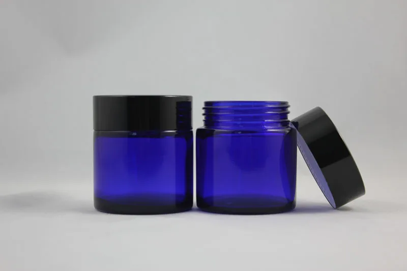 

30pcs 50g blue glass cream jar with black aluminum lid, 50g cosmetic jar for mask or eye cream,50g glass jar with black lid