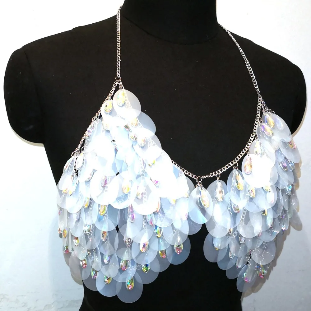 Sequins Disco Exotic Tanks Crop Top Beaded Belly Waist Chain Halter Necklace Rave Bra Festival Costume Wear Party Jewelry CRS606