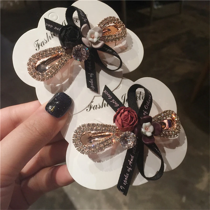 Korean Fashion Flower Hair Clip Crystal Bow Ribbon Hairpins Shiny Rhinestones Boutique Women Hair Accessories Ponytail Holder