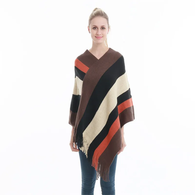 Pull Poncho épais pour femme, tricot, écharpe, manches chauve-souris, rayé, sans manches, grande taille, collection automne et hiver