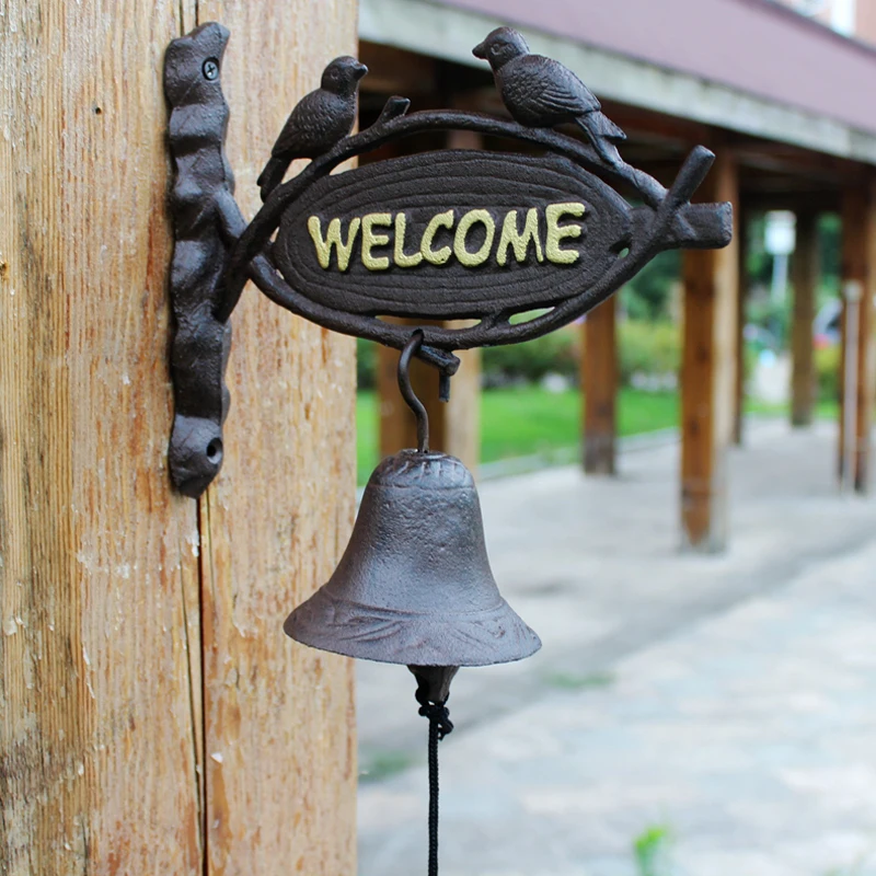 Black Two Bird Branch Cast Iron Welcome Bell Double-Sided Wall Mounted Hand Cranking Welcome Door Bell With Gold Welcome Plaques