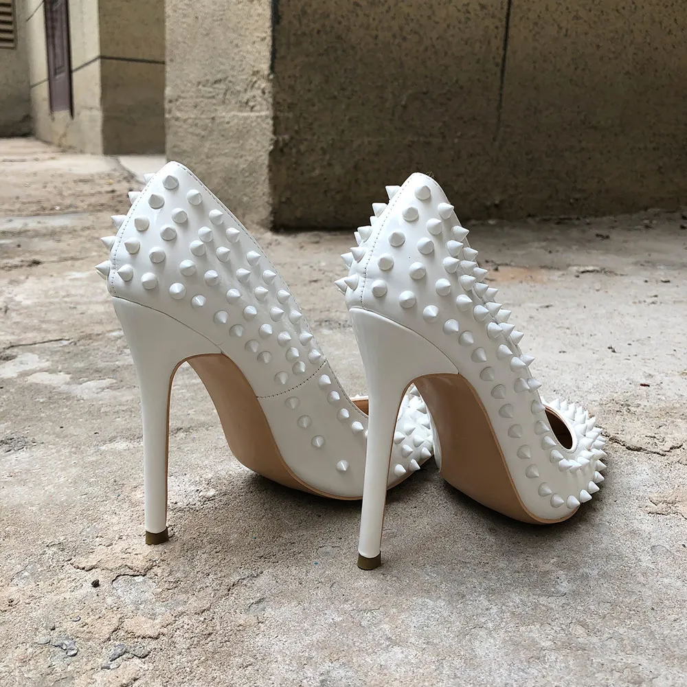 Veowalk White Spikes Women Pointed Toe Stilettos Sexy High Heels Rivets Ladies Slip-on Pumps Night Club Shoes 12/10/8cm Optional