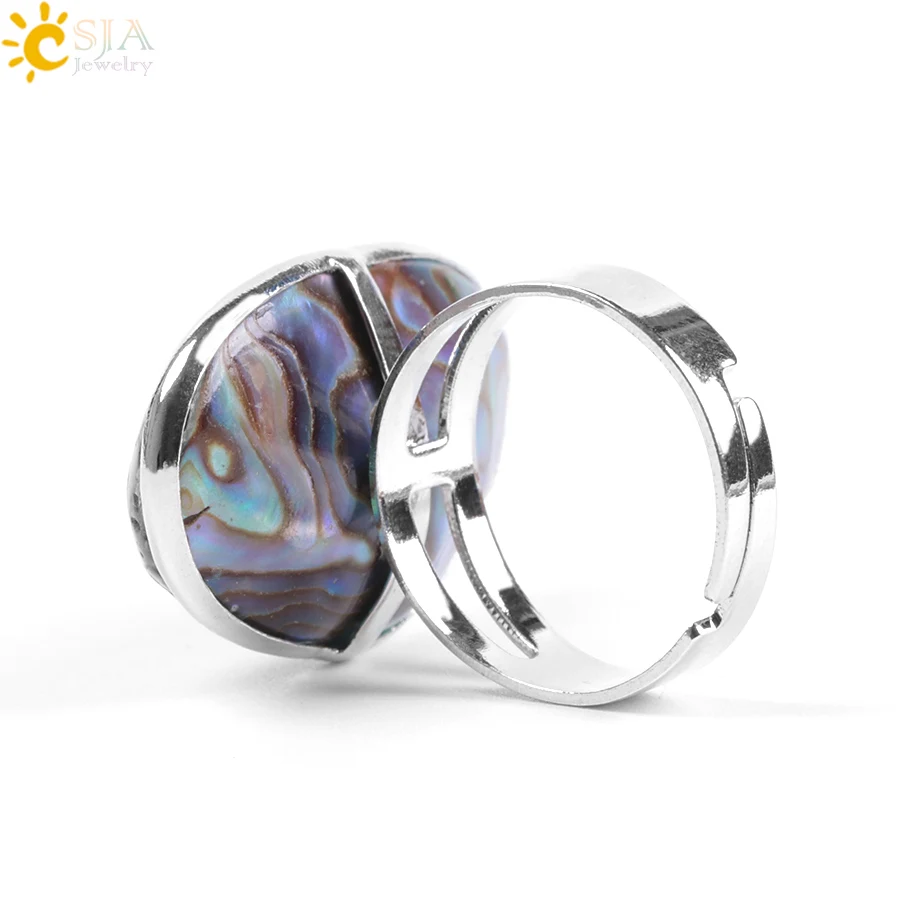 CSJA New Zealand Natural Abalone Shell Beads Finger Rings for Men Women Reiki Sea Shell Wedding Engagement Adjustable Ring F054