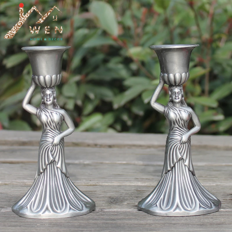 Pewter plated angel candle stick for wedding or events, 1 pair / retro single head candlesticks 14 cm height home decorations