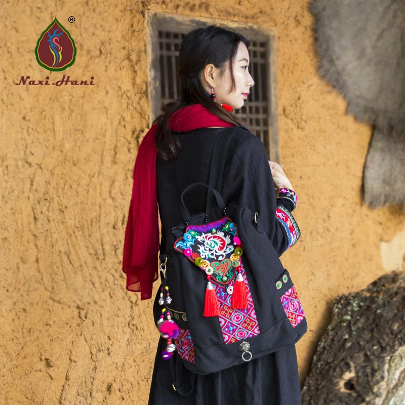

Brand Black canvas women Bags Ethnic embroidery shoulder messenger bags