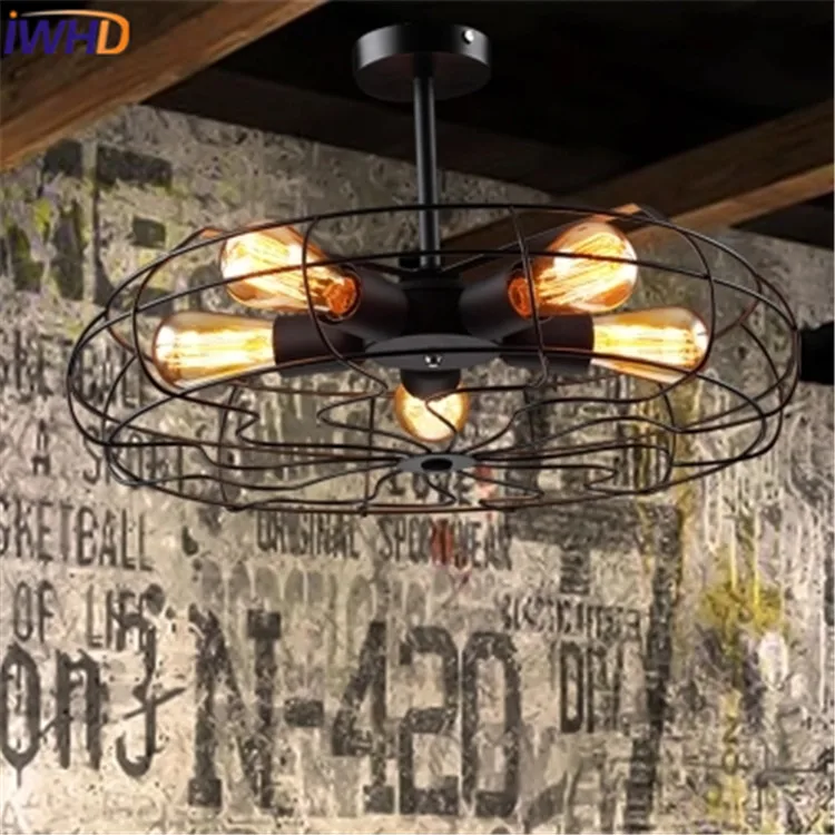 

IWHD 5 Heads Industrial Vintage Pendant Lamp Loft Style Electric fan Hanglamp Black Iron Retro Light Fixtures Lamparas Lustre