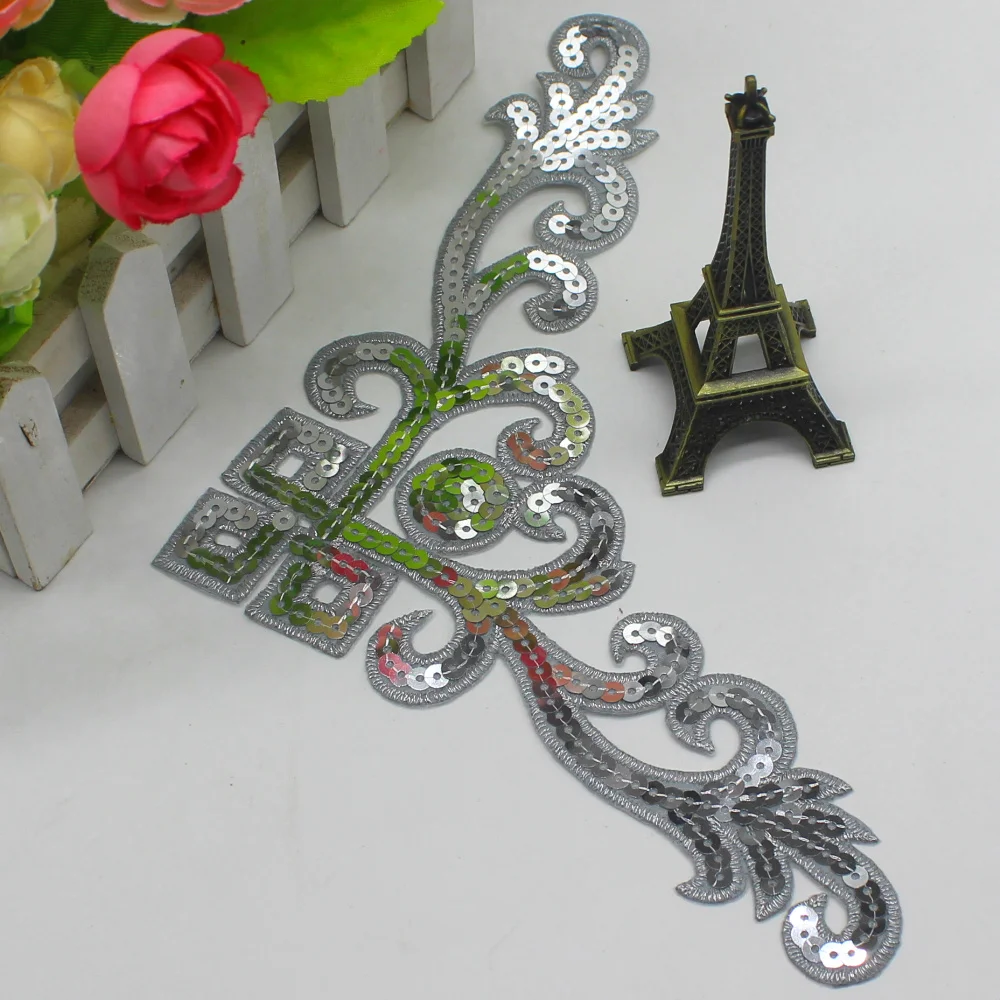 1 Piece Sequined Applique Gold Embroidery Patches Trims Iron on Cosplay Costumes For Dress 23.5*9cm