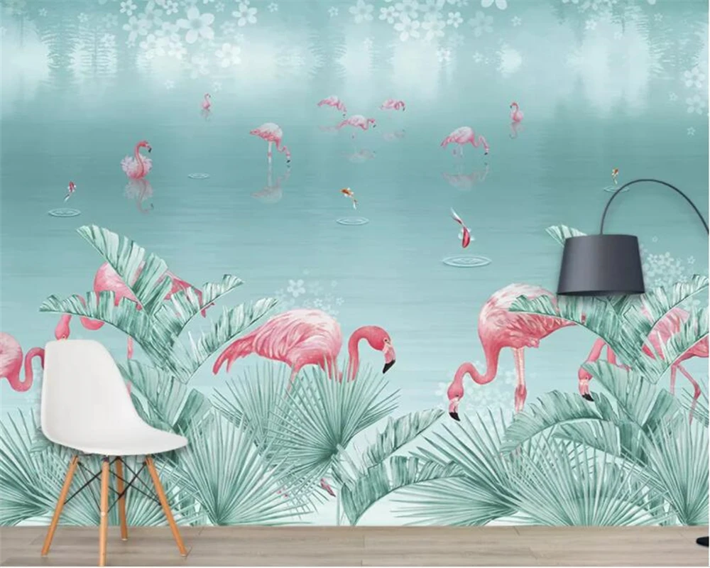 

Customize 3d wallpaper high quality Nordic Hand Painted tropical rainforest flamingo 2 photo wallpaper papel de parede