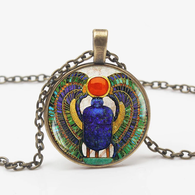 Vintage Egyptian Sacred Beetle Pattern Pendant Necklace Ancient Egyptian Style Glass Long Chain Man Woman Gift Jewelry Choker