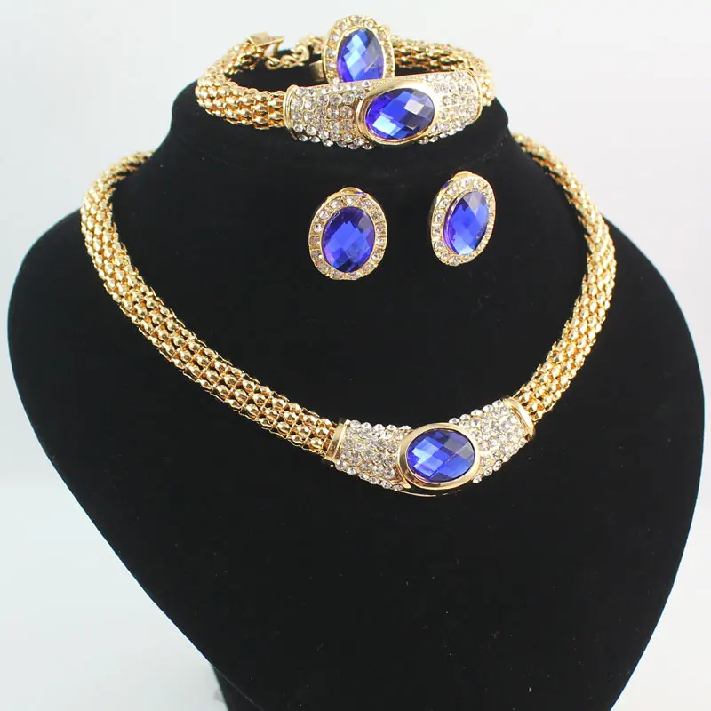 Wedding African Beads Jewelry Set Crystal Costume Gold color Rhinestone Statement Chunky Necklace Earring Ring Jewelry Set