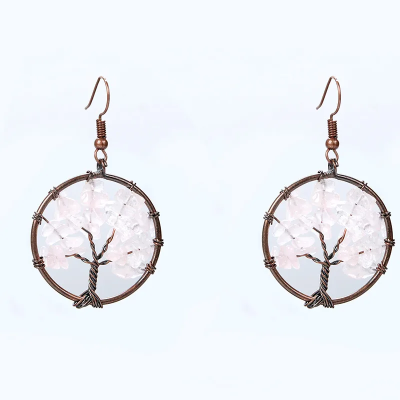 Antique Copper Wire Natural Stone Tree of Life Wisdom Hook Earrings Pink Quartz Round Earring For Women Girls Fashion Jewelry