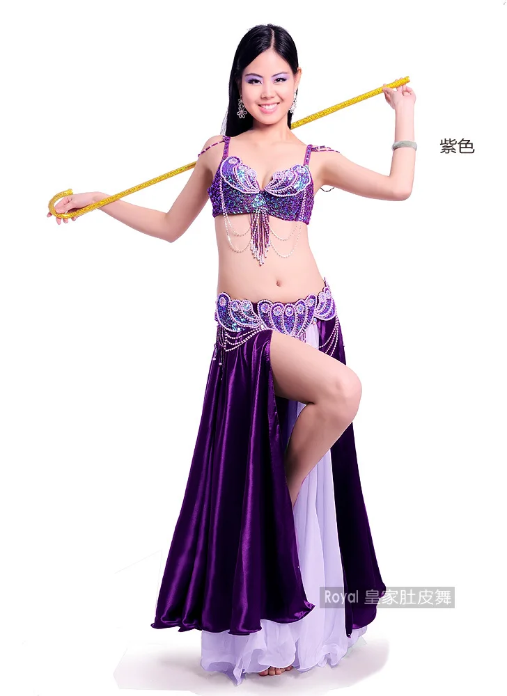 Professional Performance Belly dance costume wear Women\'s belly dancing clothes set belly dancing suit: Bra & belt & satin skirt