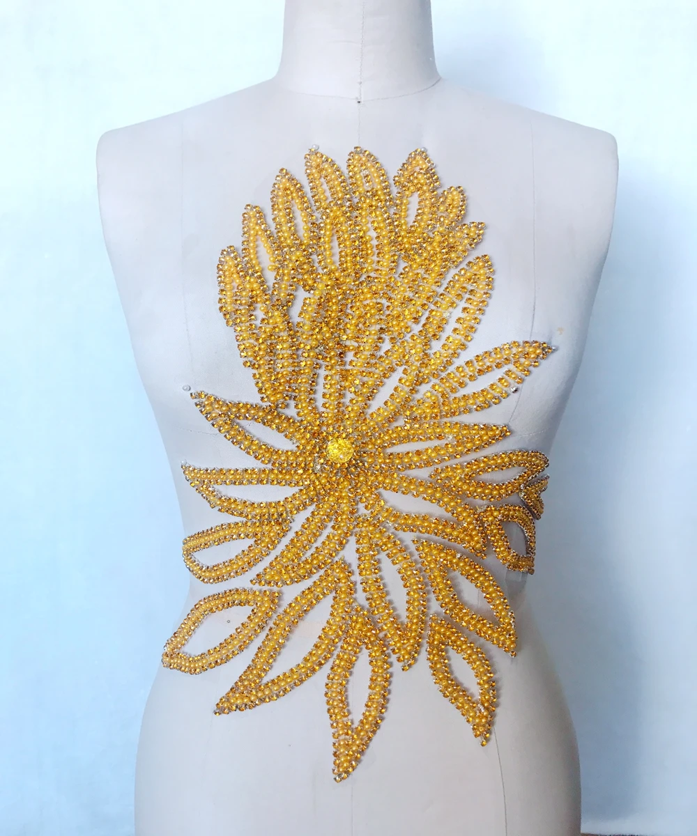 handmade 40*37cm golden rhinestones applique on mesh  sew on flower trim  patches for  dress accessory