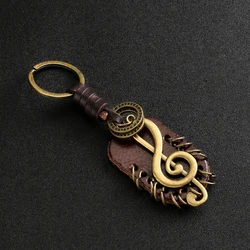 Vintage Brown Genuine Leather Wing Compass Music Symbol Keychain Handwork Alloy Accessories Men Keychain llavero musica