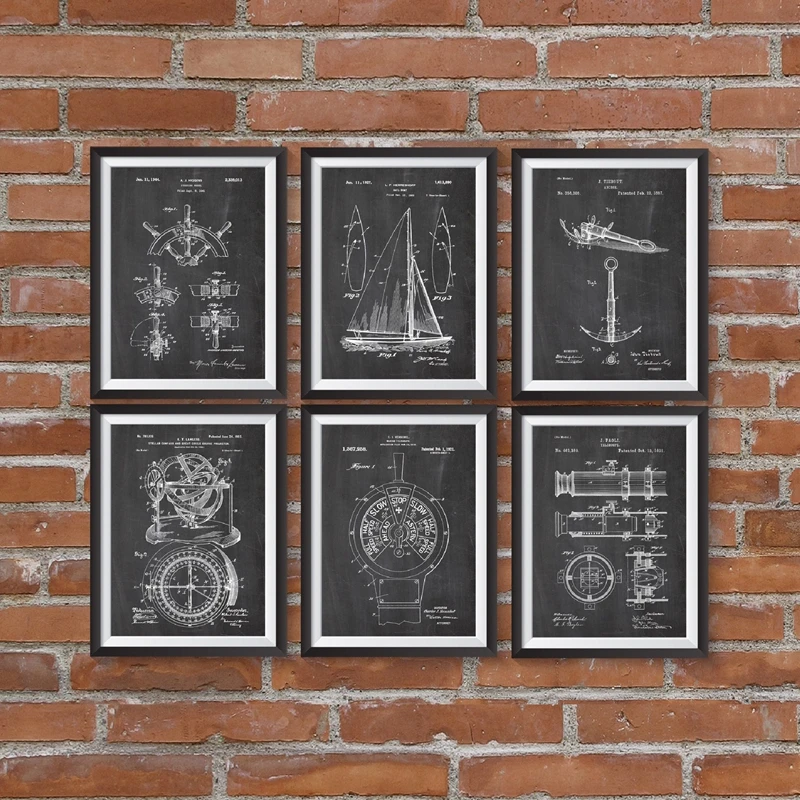 Sailing Patent Blueprints Vintage Posters Print, Sailboat, Yacht Design , Anchor Ship Wheel Nautical Patent Painting Beach Decor