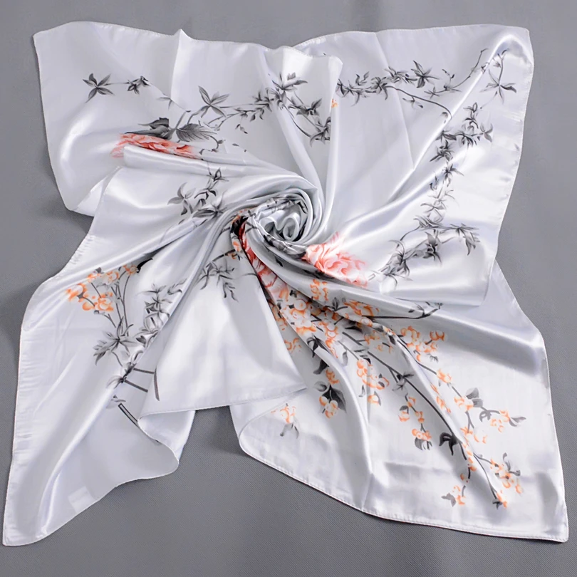 [BYSIFA] Chinese Silk Scarves New Women Winter Plaid Satin Square Scarves 90*90cm Grey White Floral Female Hijab Scarves Stoles