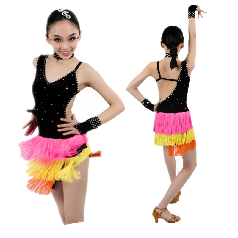 

New Adult/Child High Quality Professional Latin/Salsa/Chacha/Rumba Dance Dress,Imported Pleuche+Czech Diamond+Imported Tassels