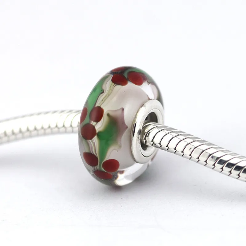 

Натуральная 925 пробы рождественские Холли из муранского стекла Стекло Подвески бусины для изготовления ювелирных изделий Подходит европейский шарм браслеты Bijoux (украшения своими руками)