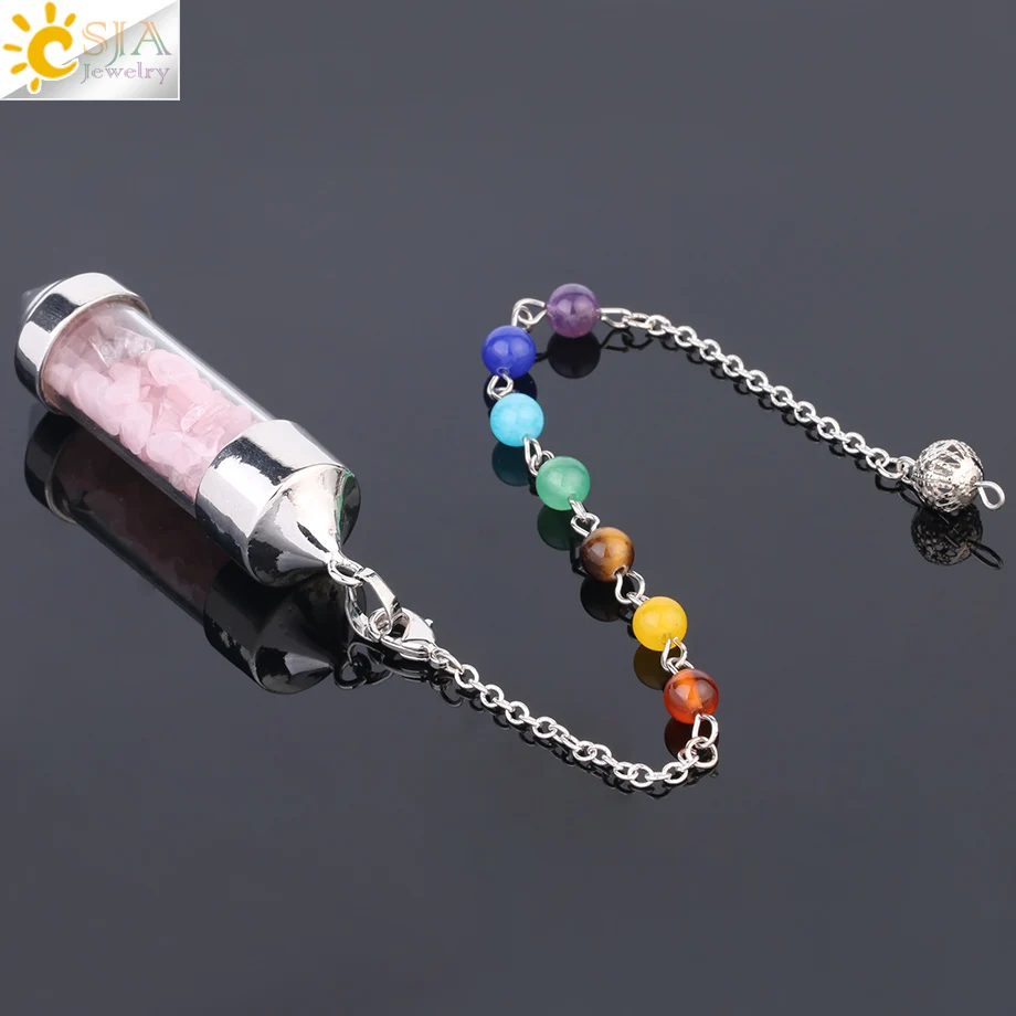 CSJA 7 Chakra Wishing Bottle Crystals Pendulum Reiki Natural Chip Stone Pendant Necklace for Women Men Divination Amulet F976