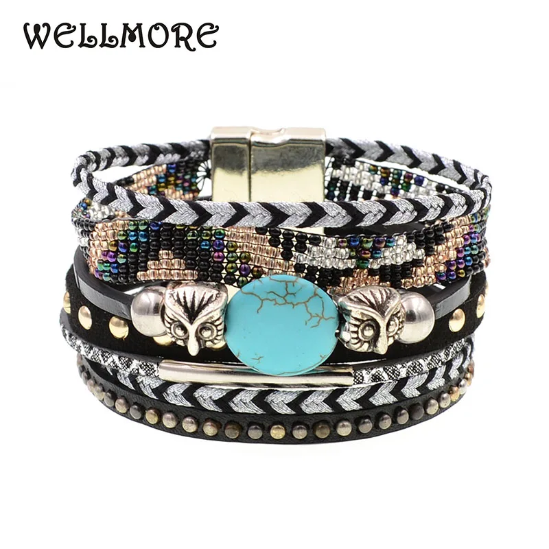 WELLMORE women bracelets 6 colors Leather bracelets bohemia beads beaded charm bracelets for women fashion jewelry drop shipping