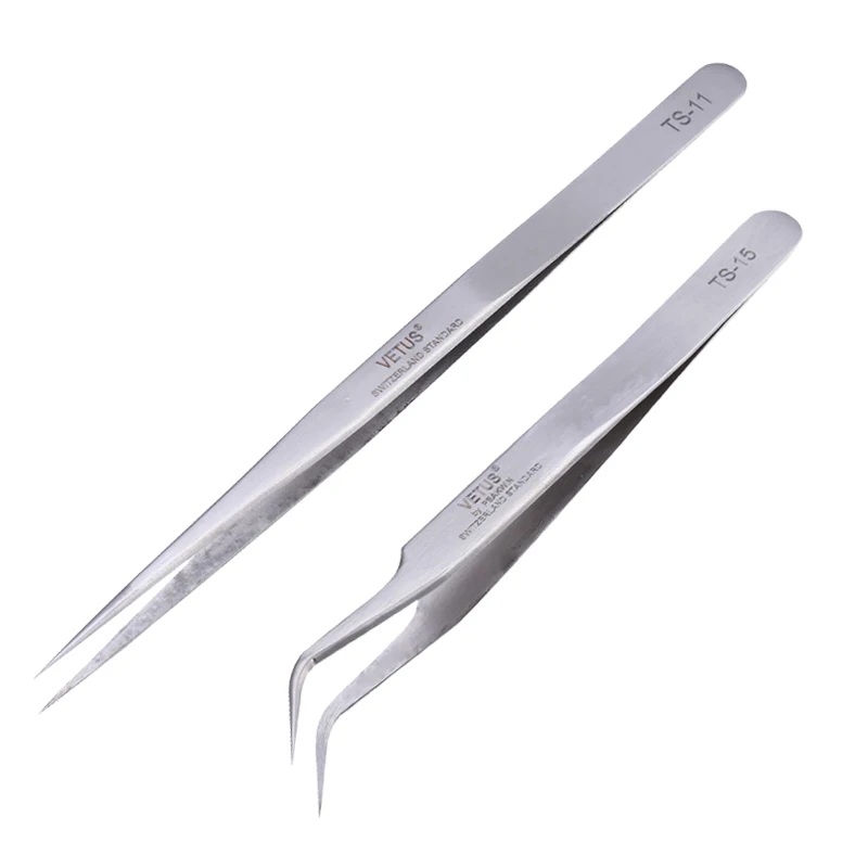 Stainless Steel Precision Tweezers Pincet Pinzas VETUS TS-11 TS-15 Curved Straight Tip Tweezer Repair Hand Tools Set