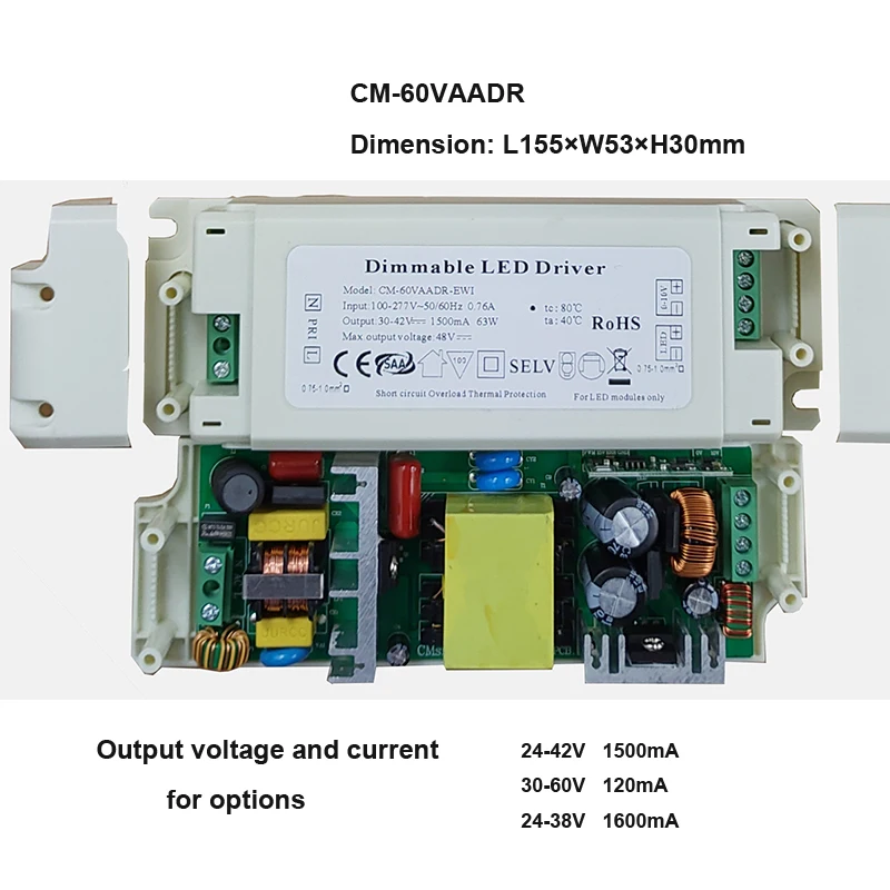 5-70W 100-277V 0-10V/1-10V Led Driver Dimmable Isolated Power Supply Terminal Block Constant Current 0.3A-1.5A  Flicker Free