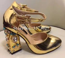 New Gold Color Rhinestone Chunky Heels Lady Sandals Jeweled High Heels Pumps Women Crystal Buckle Wedding Shoes Mujer Party Shoe