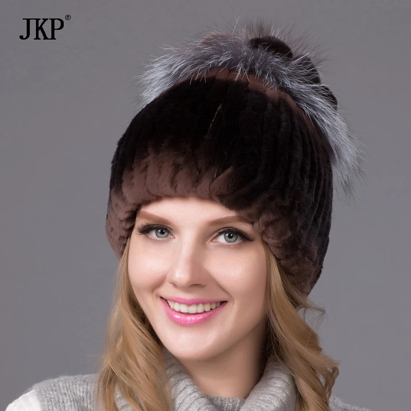 Women's Winter Hat Real Rabbit Fur Hat With Silver Flower Knit Fox Fur Caps 2024 New Sale High-End Ladies Fur Hat THY-06