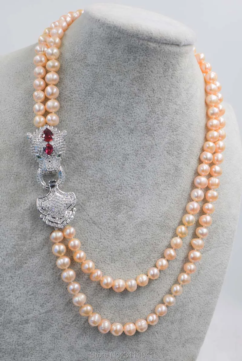 

2rows freshwater pearl pink near round 8-9mm necklace17-19inch FPPJ wholesale beads nature