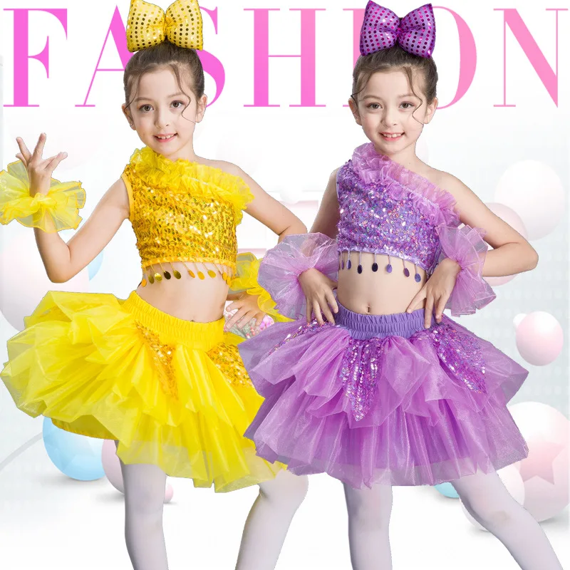 Ragazze costumi di danza del ventre nuovi di stile dei bambini femminile soffici sequins del pannello esterno dei bambini coro costumi di danza vestiti di prestazione