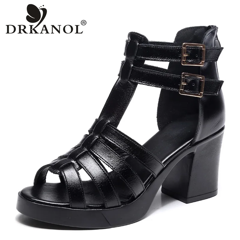 DRKANOL 2024 Cow Leather Women Sandals Black Sexy High Heel Gladiator Sandals Cut-outs Peep Toe Buckle Summer Women Casual Shoes