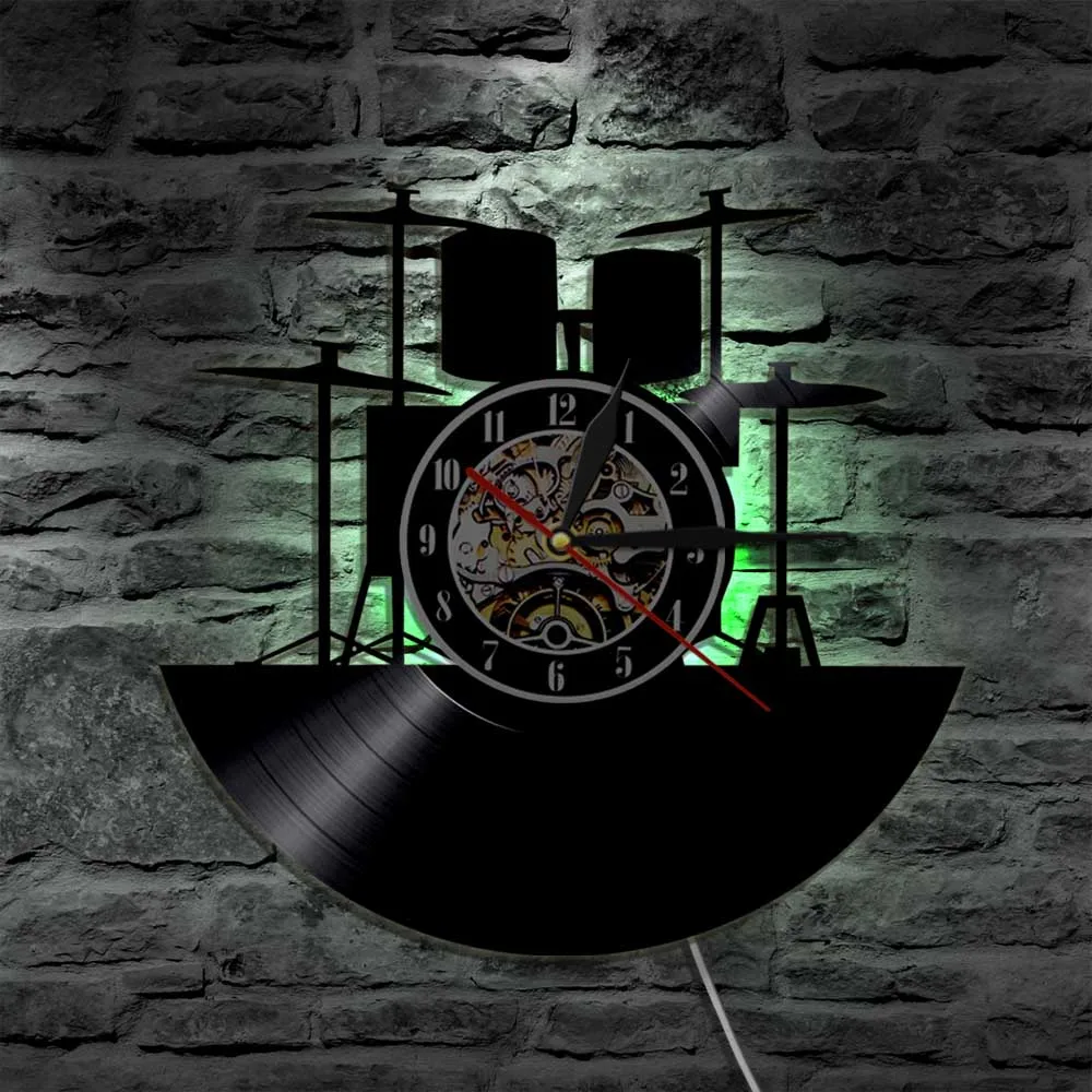 Drum Kit LED Light Vinyl Record Wall Clock Rock Music Band Drummer Musical Instrument Modern Wall Watch LED Hanging Lamp